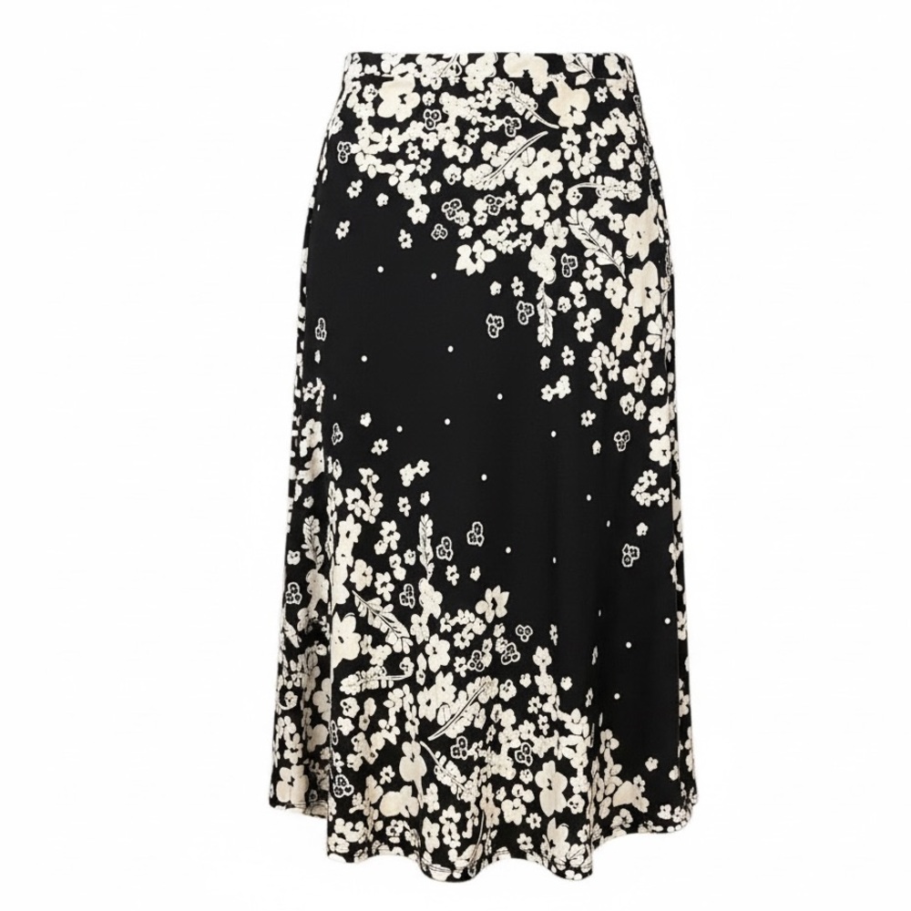 Chicos black/white pull on floral midi skirt, size 1